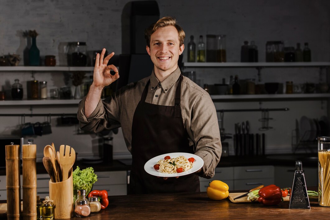 mid-shot-chef-holding-plate-with-pasta-making-ok-sign_23-2148794087